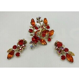 Vintage Demi-Parure Set Red Orange & AB Unsigned Brooch & Clip Earrings Glows
